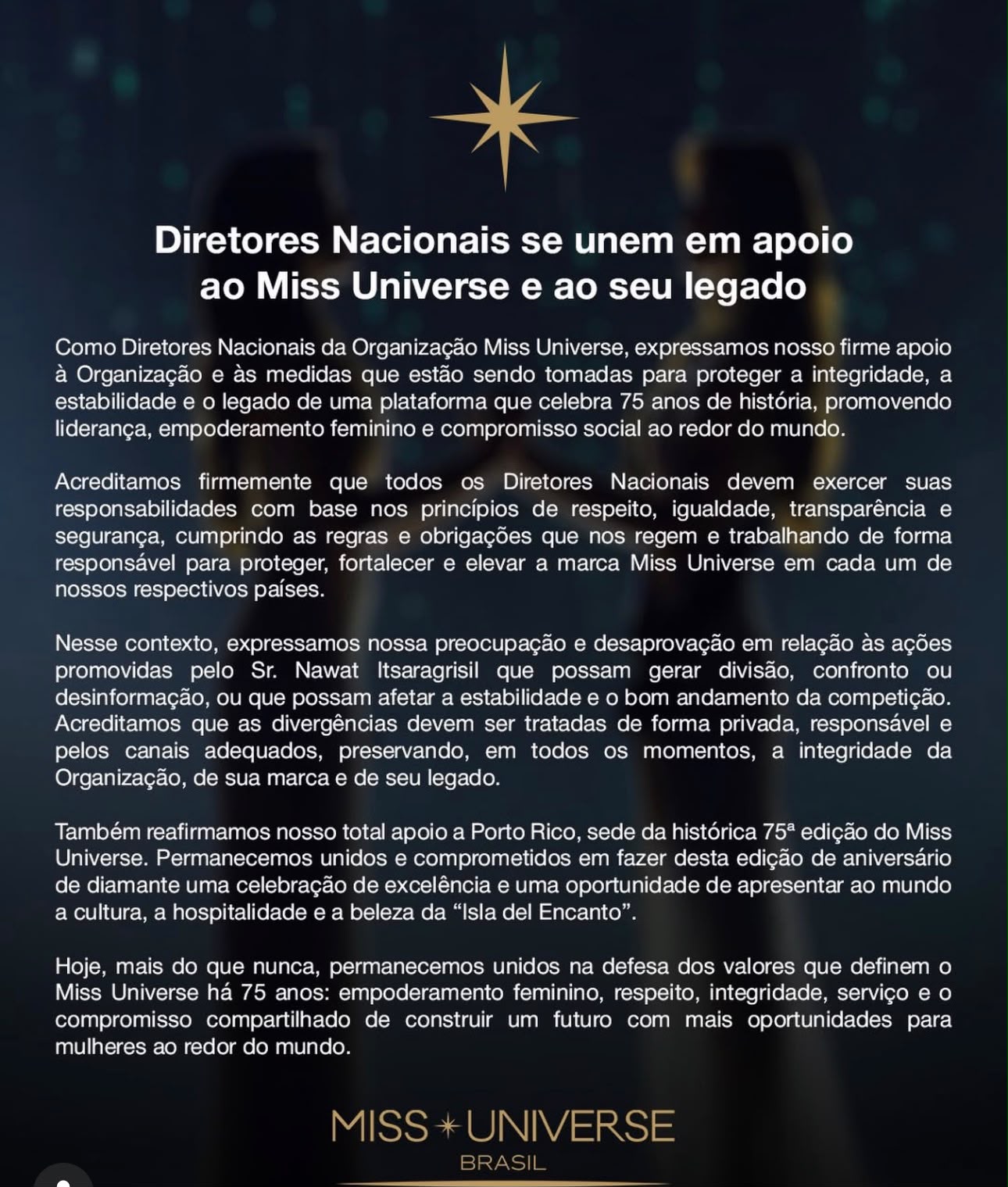 Comunicado divulgado pela direção do Miss Universe Brasil
